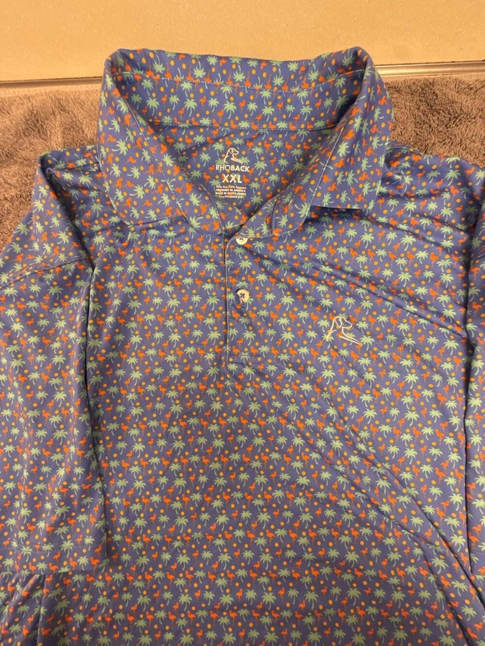 Rhoback Blue Palm Tree and Flamingo Print Performance Golf Polo XXL